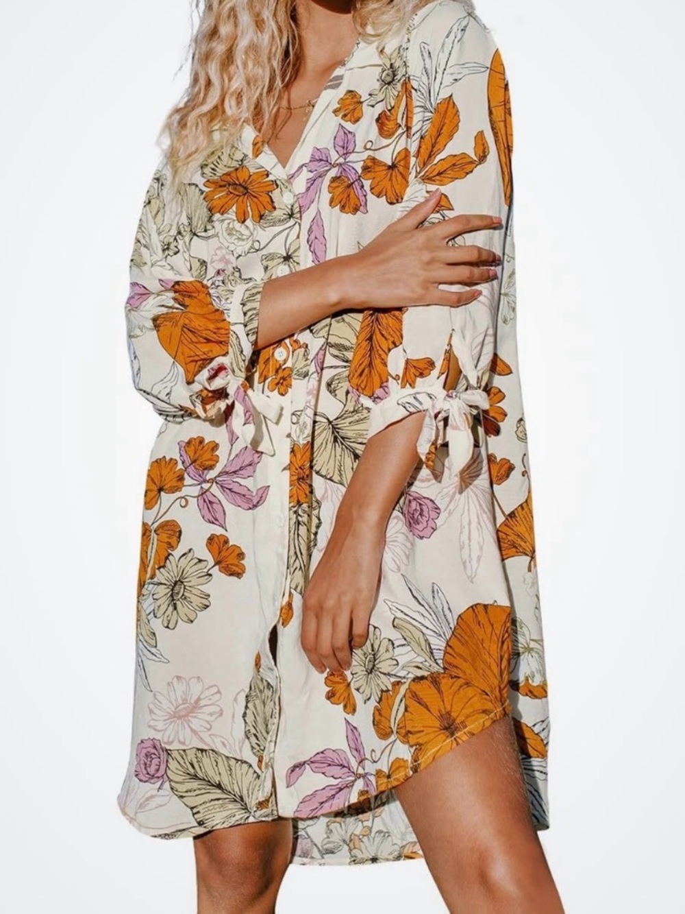 Floral Button-Front Tunic Shirt - Cream with Orange, Pink & Olive Leaves
